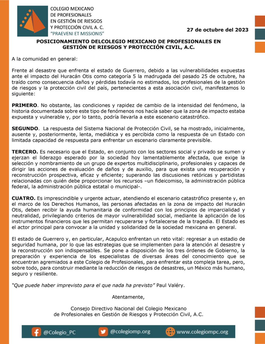 Posicionamiento del Colegio Mexicano de Profesionales en Gestión de Riesgos y Protección Civil
<a href="/Colegio_PC/">Col Mex en Gest. de Riesgos y Prot Civil</a>