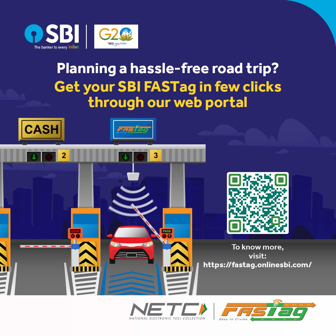 TheOfficialSBI's tweet image. Go Digital and get your SBI FASTag conveniently.
Visit: fastag.onlinesbi.com
#SBI #NETC #GoDigital #GoDigitalWithSBI #FASTag