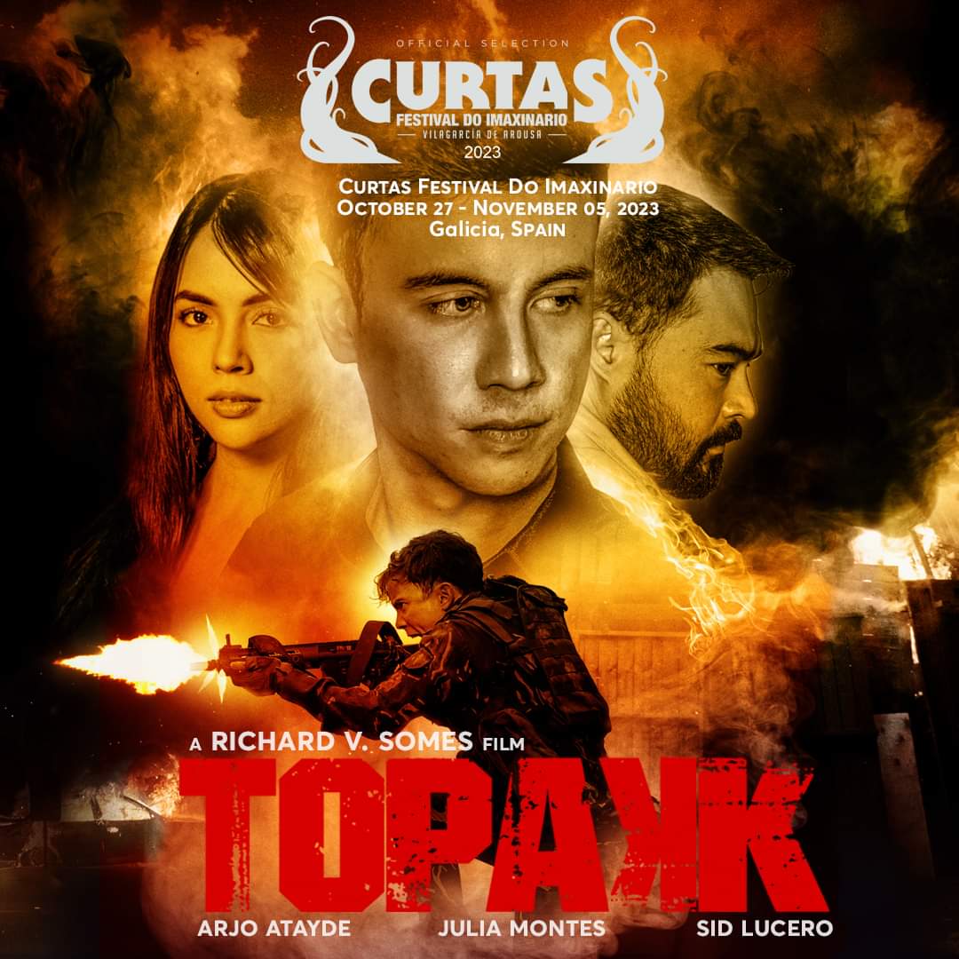 Cool News! Our action film, TOPAKK, premieres in Galicia, Spain, this week at the CURTAS FESTIVAL DO IMAXINARIO. @CurtasAC TOPAKK, aka TRIGGERED, features a star-studded cast including Arjo Atayde, Julia Montes, Sid Lucero, Kokoy de Santos, Enchong Dee.