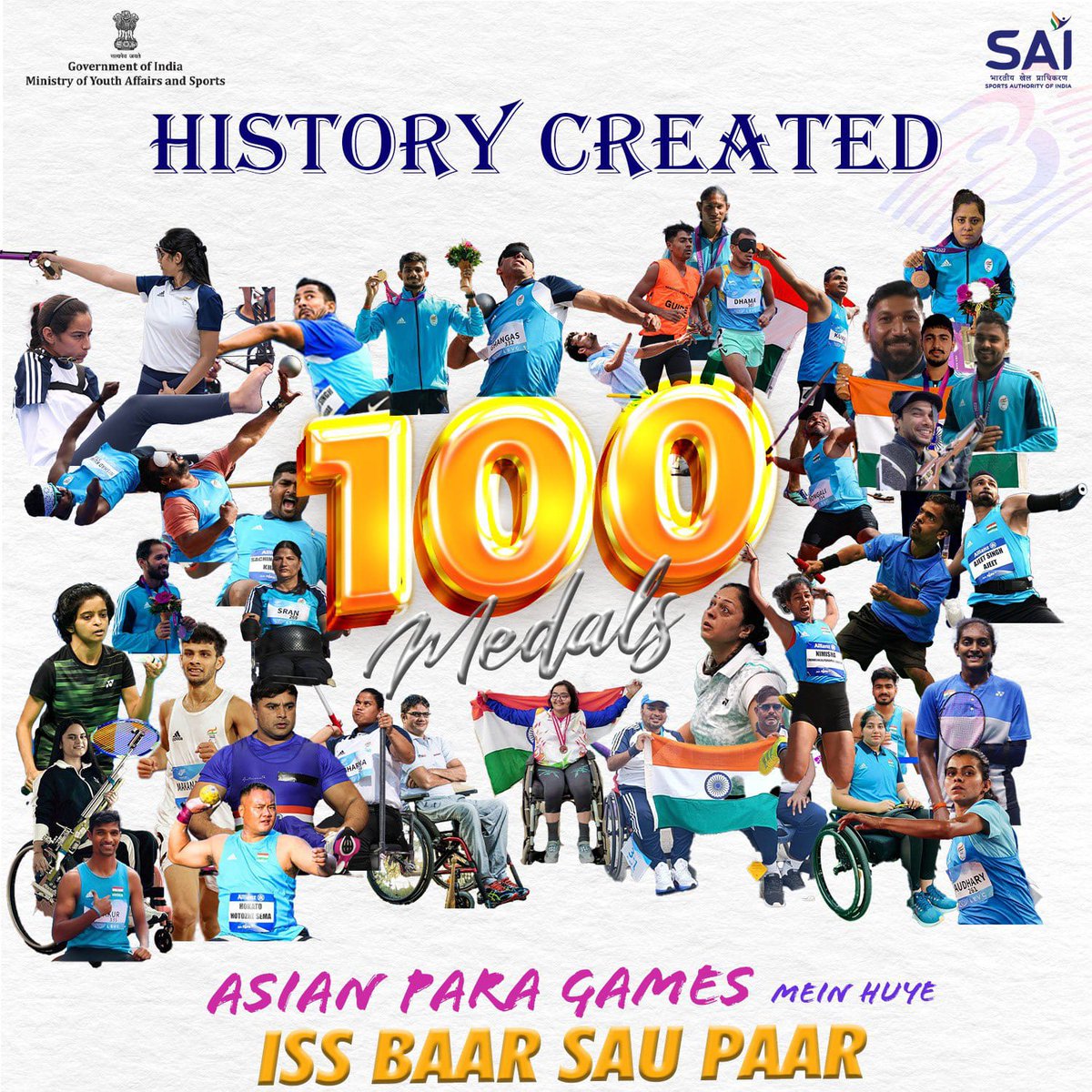 Determination, dedication, and pure talent have led to 100 medals at the #AsianParaGames.

This is our moment of glory...Let's keep cheering for our champions! 
#CheerForIndia
#AsianParaGames2022
@narendramodi