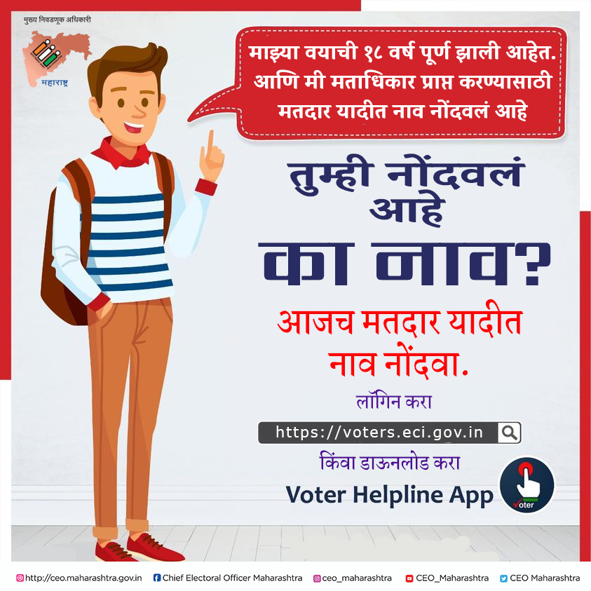 CEO_Maharashtra's tweet photo. मतदार यादीत नवीन नाव नोंदवण्यासाठी https://t.co/FW10Qblt1K या संकेतस्थळाला भेट द्या किंवा आपल्या मोबाइलमध्ये वोटर हेल्पलाइन अॅप डाऊनलोड करा.

#fyp #foryou #election #postoftheday #voterregistration #youngvoters #youth #epic #voterhelpline #ceomaharashtra #sveep #ECI (1/2) https://t.co/gnae8A3uDX