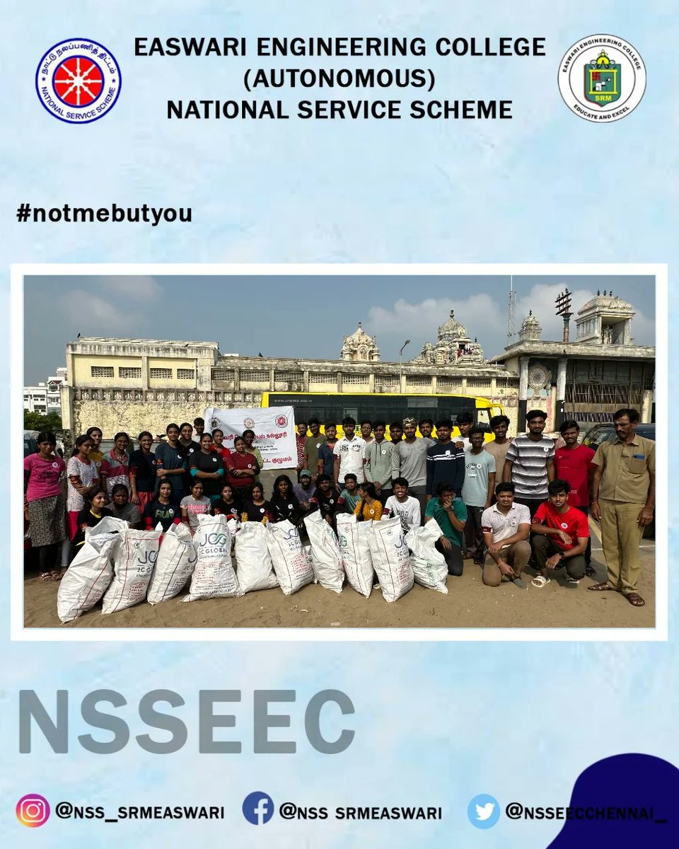 On 22nd October 2023, a beach cleaning camp was conducted by our volunteers in collaboration with the Environmentalist Foundation of India at Besant Nagar Beach, Chennai✨. 
*Not me but you*
#nsschennai #nss_srmeaswari #connectingnss #Nssindia