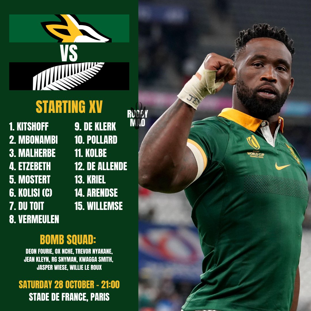 UnplayableZA's tweet photo. 𝗥𝗧 𝗙𝗢𝗥 𝗕𝗢𝗞𝗦 𝗪𝗜𝗡!!!!

Best of luck to captain @SiyaKolisi and the team.

Be #UNPLAYABLE tonight 🤝.

#RWC2023 
#RWCFinal
#StrongerTogether https://t.co/6FLF9BvRAc