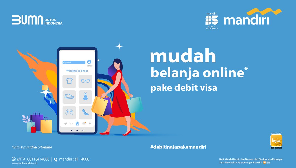 bankmandiri's tweet photo. Belanja online makin mudah dan praktis pake #mandiridebit visa.

Daftarnya nggak ribet, belanja online jadi sat set sat set.

Info lengkap cara menggunakannya, klik https://t.co/gymLIhoK2n

#debitinajapakemandiri https://t.co/ZP0yZHzIrj