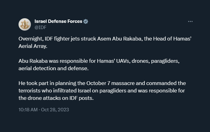 EconomicTimes's tweet photo. Israel Defense Forces says, "Overnight, #IDF fighter jets struck Asem Abu Rakaba, the Head of #Hamas' #AerialArray who was responsible for Hamas' UAVs, drones, paragliders, aerial detection and defense. He took part in planning the October 7 massacre and commanded the terrorists who infiltrated Israel on paragliders and was responsible for the drone attacks on IDF posts."
๐ฎ๐ฑ๐ต๐ธ #IsraelHamasWar #Live #News Updates: https://t.co/r8SH59nrcj
