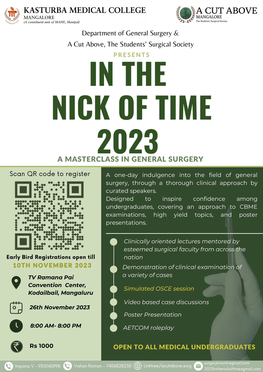 KMC_Mangalore's tweet photo. Dive deep into general surgery with "In the Nick of Time," a specialised masterclass organised by the Department and Students' Surgical Society.

Save the date and sharpen your surgical knowledge! 🏥📚 👩‍⚕️🔪

#SurgicalMasterclass #KMCMangaloreEvent #GeneralSurgery https://t.co/IIDKmlNesl
