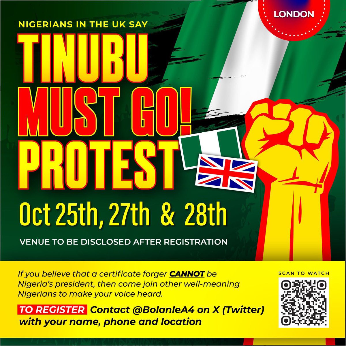 Why protesting in UK, why not in Aso Rock?

I Just remembered their confused slogan “We no dey give shi-shi”. 

Nigêria has parked #ObidientsMovement where they belong. 

They have been used to sustain OneNigeria. 

OneNigeria at their own r!sk. #EndNigeriaNowToSaveLives