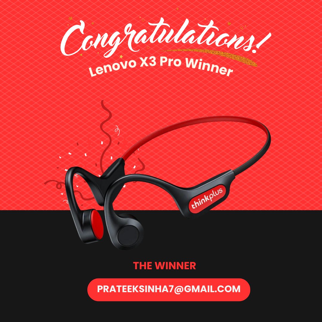 GeekmanOfficial's tweet photo. Lenovo X3 Pro Bone Conduction Headphones Winner!

How to join #giveawaycontest?
Visit this page to participate: https://t.co/NNUowInS9H #giveaway

#giveawaywinner #Giveaway #giveawaycontest #giveawaycontest #GiveawayAlert #lenovox3pro #lenovox3 #lenovo #bondconduction #headphones https://t.co/lYuaAHQI2C