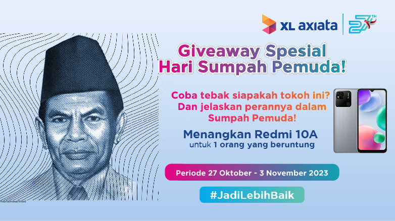 Yuk ikutan!

1. Follow @xlaxiata_tbk
2. RT dan Like postingan ini
3. Tebak nama tokoh yang ada di gambar dan jelaskan perannya dalam Sumpah Pemuda
4. Mention temanmu
5. Sertakan hashtag #JadiLebihBaik sebanyak-banyaknya
6. Komen sebanyak-banyaknya

#JadiLebihBaik
