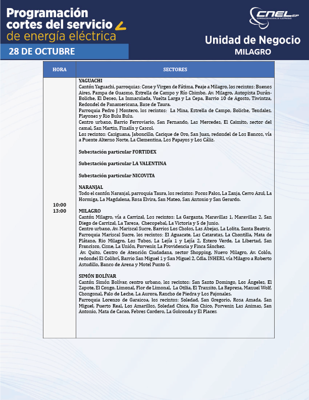 CNEL_EP's tweet photo. Parte 1 🚨ATENCIÓN Conoce los horarios de cortes del servicio de energía eléctrica del 28/10/2023 en la Unidad de Negocio #Milagro .  
Descarga aquí: https://t.co/nps4JknQVU
#CNELEPInforma https://t.co/weLSQEgSa3