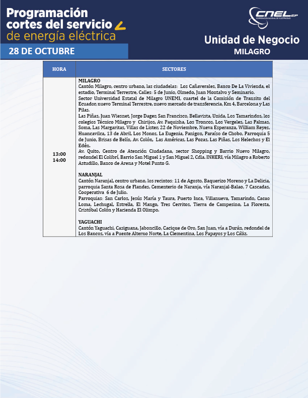 CNEL_EP's tweet photo. Parte 1 🚨ATENCIÓN Conoce los horarios de cortes del servicio de energía eléctrica del 28/10/2023 en la Unidad de Negocio #Milagro .  
Descarga aquí: https://t.co/nps4JknQVU
#CNELEPInforma https://t.co/weLSQEgSa3
