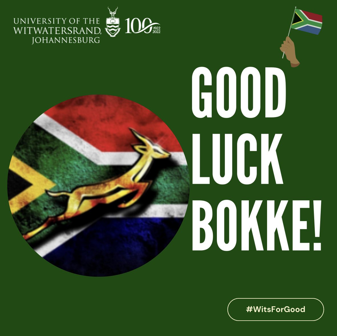 WitsUniversity's tweet photo. Wits University wishes the Springboks the best of luck as they take on New Zealand in the Rugby World Cup final tonight! 

🏉🇿🇦 Let's bring that trophy back home, Bokke!  🏆 

#WitsForGood #BokkeForGood #WitsSupportsBokke #RSAvNZL #RSA  #RWC2023 https://t.co/bJkSVt0wml