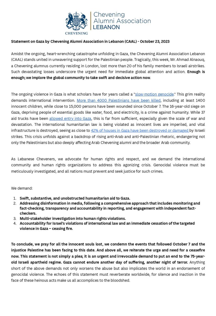 Statement on Gaza by Chevening Alumni Association in Lebanon 👇🏽👇🏽 #CeasefireForGaza #FreePalestine