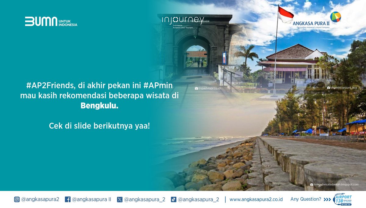 INJairports's tweet photo. #AP2Friends, di akhir pekan ini #APmin mau kasih rekomendasi beberapa tempat wisata menarik di Bengkulu. Cek infografis yaa! 🙂
Ohya, buat #AP2Friends dari luar Bengkulu, kalian bisa ke sini dengan transportasi udara tujuan Bandara Fatmawati Soekarno (BKS).
Yuk liburan ke Bengkulu! 🧳
#AngkasaPuraII
#AP2InJourney
#BUMNuntukIndonesia