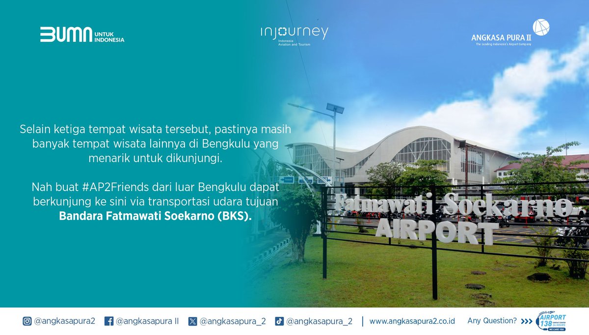 INJairports's tweet photo. #AP2Friends, di akhir pekan ini #APmin mau kasih rekomendasi beberapa tempat wisata menarik di Bengkulu. Cek infografis yaa! 🙂
Ohya, buat #AP2Friends dari luar Bengkulu, kalian bisa ke sini dengan transportasi udara tujuan Bandara Fatmawati Soekarno (BKS).
Yuk liburan ke Bengkulu! 🧳
#AngkasaPuraII
#AP2InJourney
#BUMNuntukIndonesia