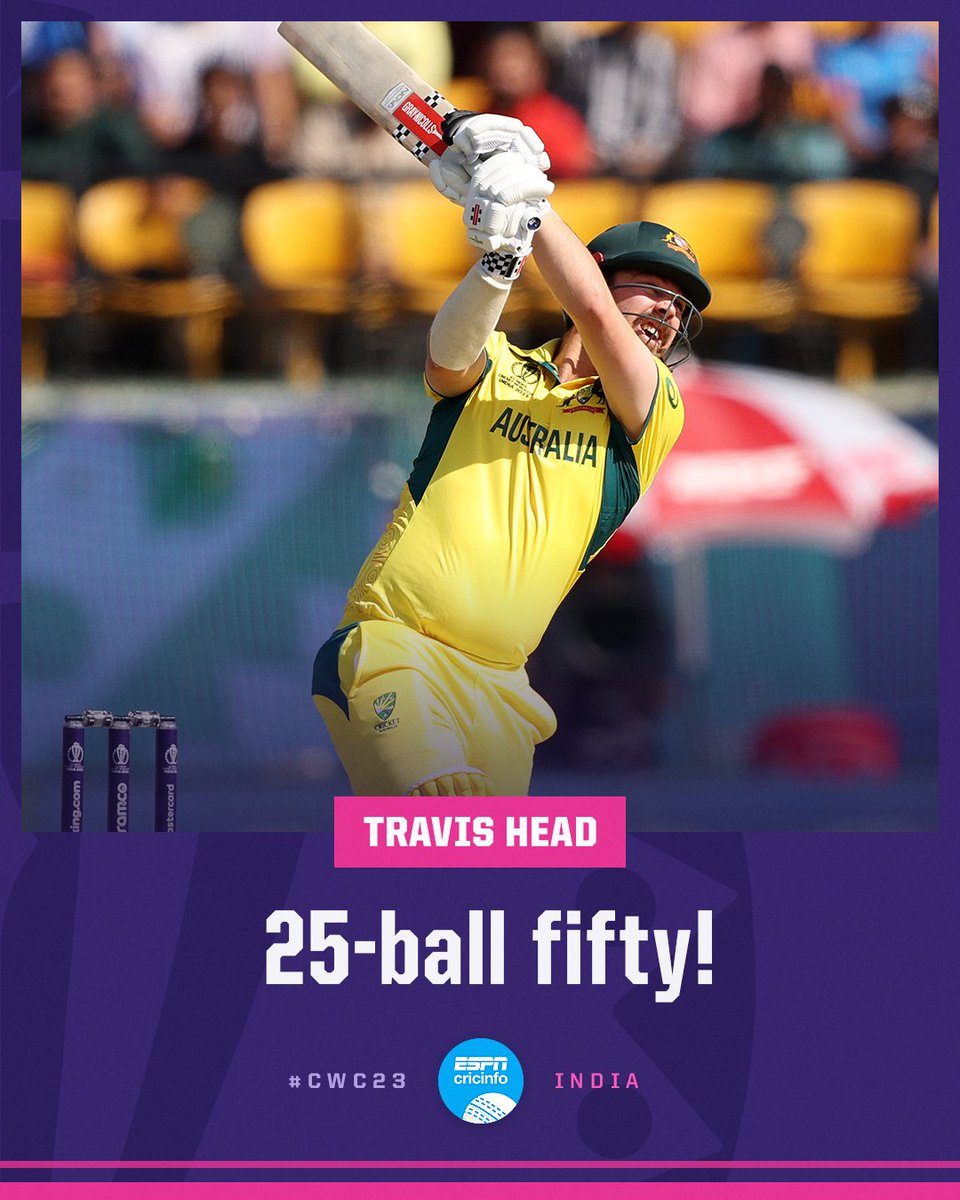 cricinfo's tweet photo. Travis Head comes in from the cold and cracks the fastest fifty of this World Cup 🥶

Australia look unstoppable in Dharamsala

https://t.co/JVpxwq9jot | #CWC23 | #AUSvNZ https://t.co/wpHQnKcgNK