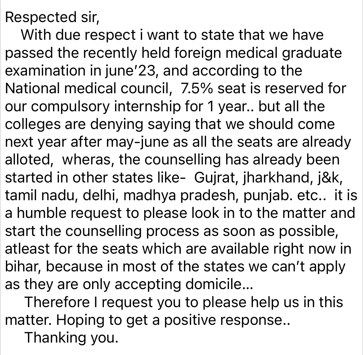 amank1924's tweet photo. PLEASE HELP THE FOREIGN MEDICAL GRADUATES, bihar🙏🙏🙏 @yadavtejashwi @NitishKumar  @NMC_IND  @RakeshSinha01 https://t.co/vn7NEuQ70N