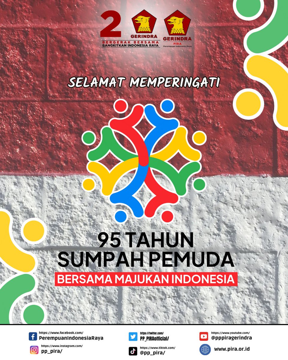 PP_PIRAofficial's tweet photo. Selamat memperingati Hari Sumpah Pemuda 2023. Mari kita sama-sama menjaga sumpah para pemuda terdahulu dengan semangat merah putih.
#pira #piragoesdigital #piragerindra #prabowogibran2024 #sumpahpemuda https://t.co/AblvKYAttM