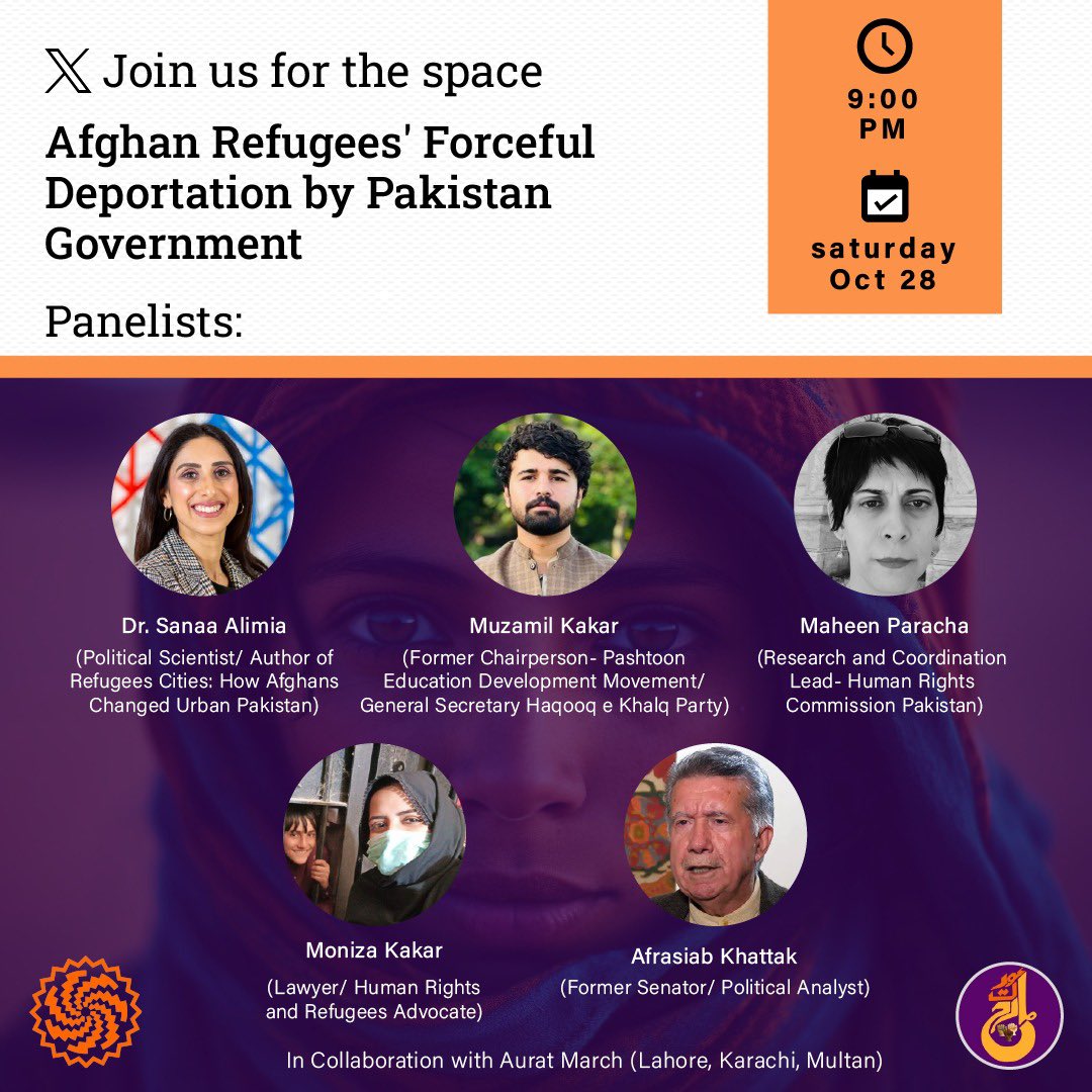 Join us at 9:00 PM tonight for a Twitter Space as we delve into the pressing issue of Afghan refugees' displacement from Pakistan. In collaboration with Aurat March, our expert panel will unpack the challenges and explore potential solutions. Don't miss it!

<a href="/AuratMarch/">⁧Aurat March Lahore</a>