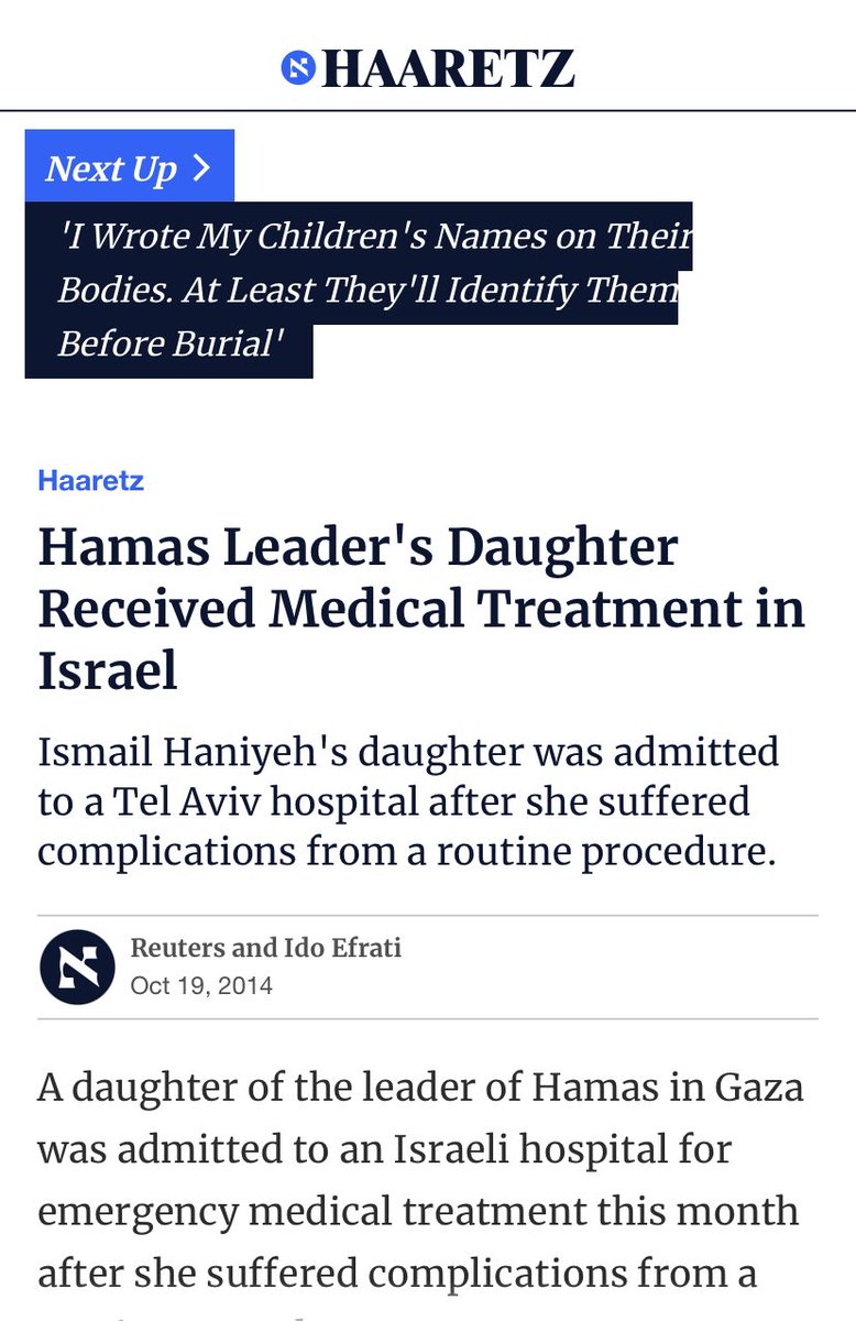 HollsteinM's tweet photo. Sowohl die Tochter von Hamas-Führer Ismail Hanyeh als auch kürzlich seine Nichte wurde in einem Krankenhaus behandelt.
In einem ISRAELISCHEN Krankenhaus. https://t.co/V3zJgSwL9y