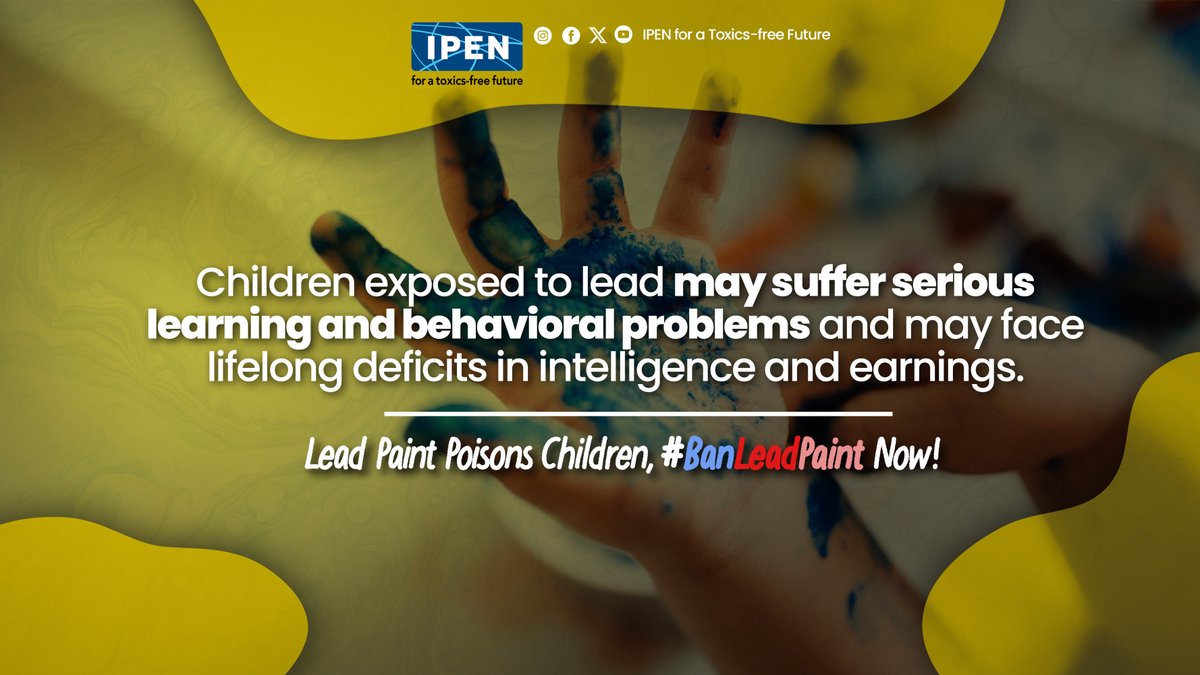 Children exposed to lead may suffer serious learning and behavioral problems and may face lifelong deficits in intelligence and earnings. Lead paint poisons children, #BanLeadPaint now! #ILPPW2023