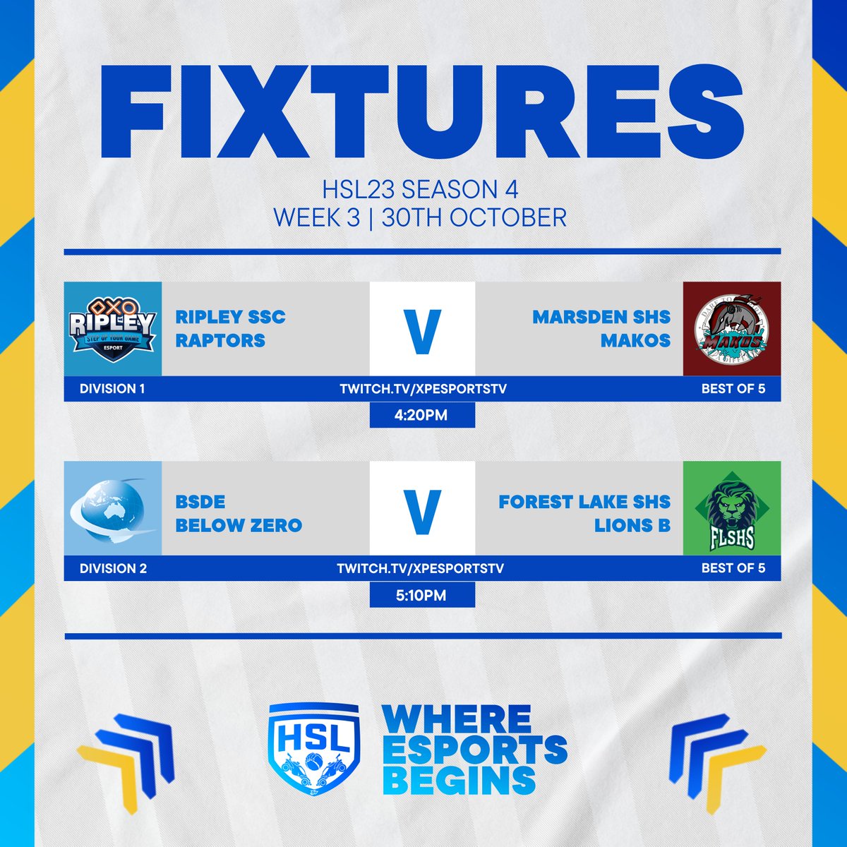 OzEsportsGaming's tweet photo. HSL23 is BACK! 🔥🔥

Tune into https://t.co/YkFejRl4vS to the premier competition for high school esports this Monday from 4:20PM AEST. 

#hsl #hsl23 #xpesports #esports #rocketleague https://t.co/3An3Rc6dbZ