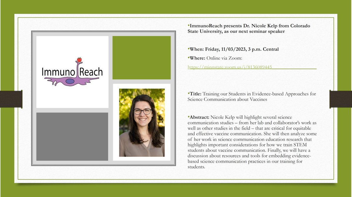 SumaliPandey@MicrobialPathogenesis Lab at MSUM (@microbialpath) on Twitter photo #ImmunoReach presents Dr. Nicole Kelp, as our second seminar speaker.
Where: minnstate.zoom.us/j/8136089445
When: 11/03/2023 at 3 p.m. Central
What: Presentation titled - Training our Students in Evidence-based Approaches for Science Communication about Vaccines <a href="/NicoleKelp/">Dr. Nicole Kelp, PhD</a> <a href="/PhilMixter/">Phil Mixter can be found @philmixter.bsky.social</a> #ImmunoReach presents Dr. Nicole Kelp, as our second seminar speaker.
Where: minnstate.zoom.us/j/8136089445
When: 11/03/2023 at 3 p.m. Central
What: Presentation titled - Training our Students in Evidence-based Approaches for Science Communication about Vaccines <a href="/NicoleKelp/">Dr. Nicole Kelp, PhD</a> <a href="/PhilMixter/">Phil Mixter can be found @philmixter.bsky.social</a>