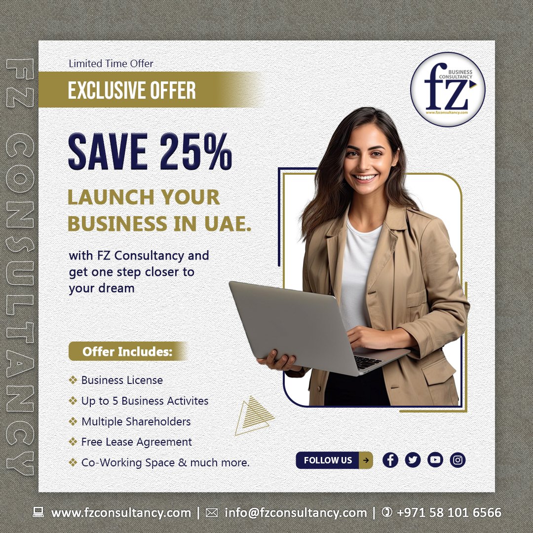 With FZ Consultancy, you can save up to 25% on new company formation. 

#companyformation #business #dubai #businesssetup #uae #startup #dubaibusiness #companyregistration #freezone #entrepreneur #companyformationuae #companysetup #dubailife #company #expo #businessconsultants