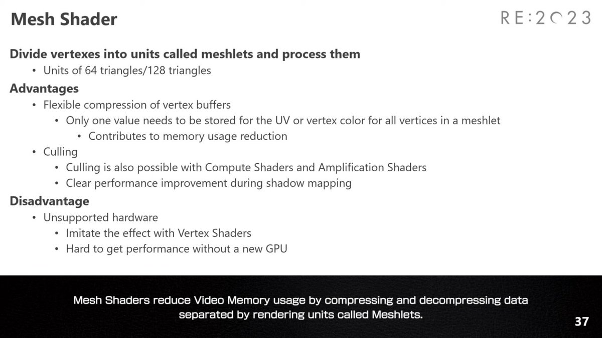 AGivenSoul's tweet image. Looks like the next iteration of Capcom&apos;s REX Engine will also be using Mesh Shaders, so it looks like those who are hoping to get some extra mileage out of their Pascal and RDNA1 GPUs are in for a disappointment. 

#REBHFun #Capcom #REXEngine