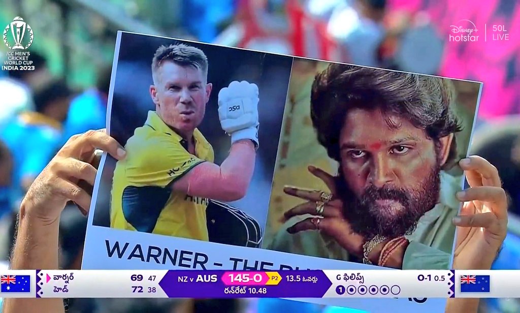 CricketBuzz299's tweet photo. Pushpa fever in #CWC2023 
Another fabulous century loading by @davidwarner31
Well played brother 🙏🙏
#AUSvsNZ 
#CricketWorldCup2023 

Pic credit: @DisneyPlusHS https://t.co/l5JiFAj7y8