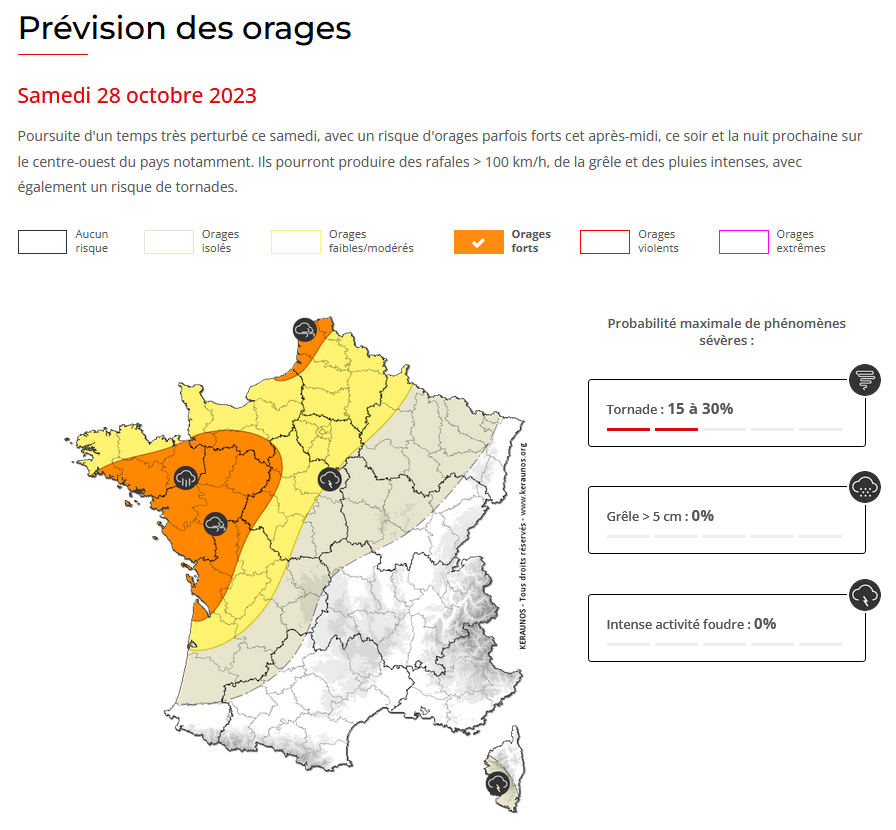 KeraunosObs's tweet photo. Des #orages parfois forts sont attendus à partir de cet après-midi dans l'ouest/nord-ouest du pays. Risque de rafales > 100 km/h, fortes pluies et grêle sous les orages les plus actifs. Situation par ailleurs propice aux #tornades. Bulletin complet : https://t.co/dookCX0aeA https://t.co/gEsUur0CNL