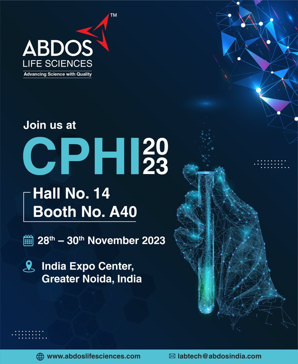 AbdosLabtech's tweet image. Abdos Life Sciences will be participating at CPHI 2023. Meet us and catch a glimpse of our wide range of innovative products that deliver precision &amp;amp; accuracy.

🗓️ November 28-30, 2023

📍 India Expo Centre, Greater Noida

#LabEssentials #CPHI2023 #IndianExpoCenter #GreaterNoida