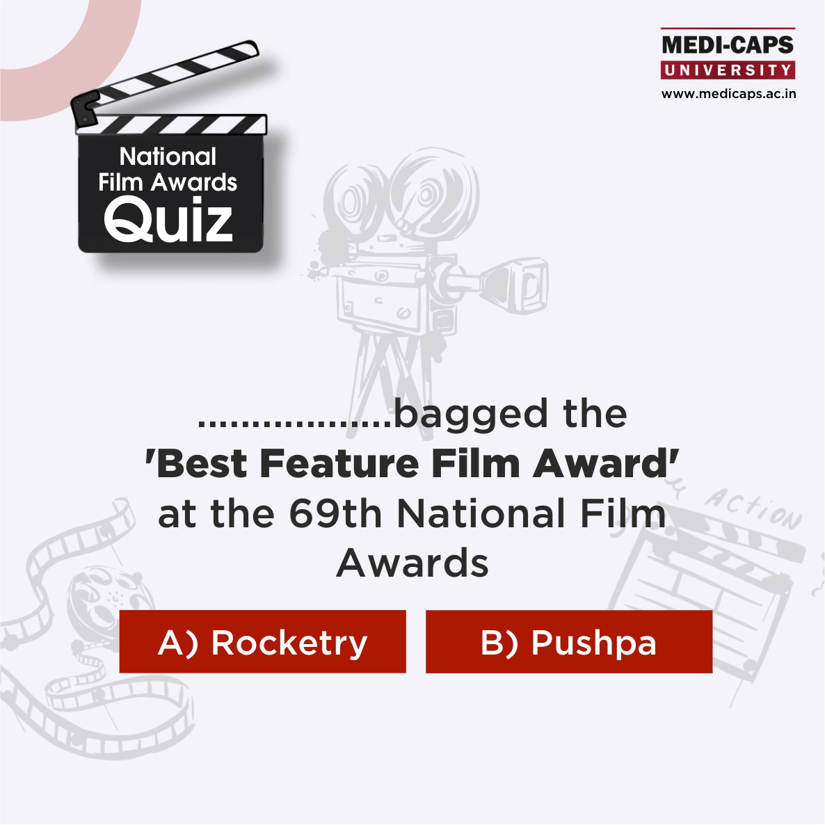 Lights, Camera, Quiz! Guess who took home the 'Best Feature Film Award' at the 69th National Film Awards? Test your film knowledge.
__
#NationalFilmAwards #FilmTrivia #NationalFilmAwards2023 #MedicapsUniversity #MU #BeLimitless