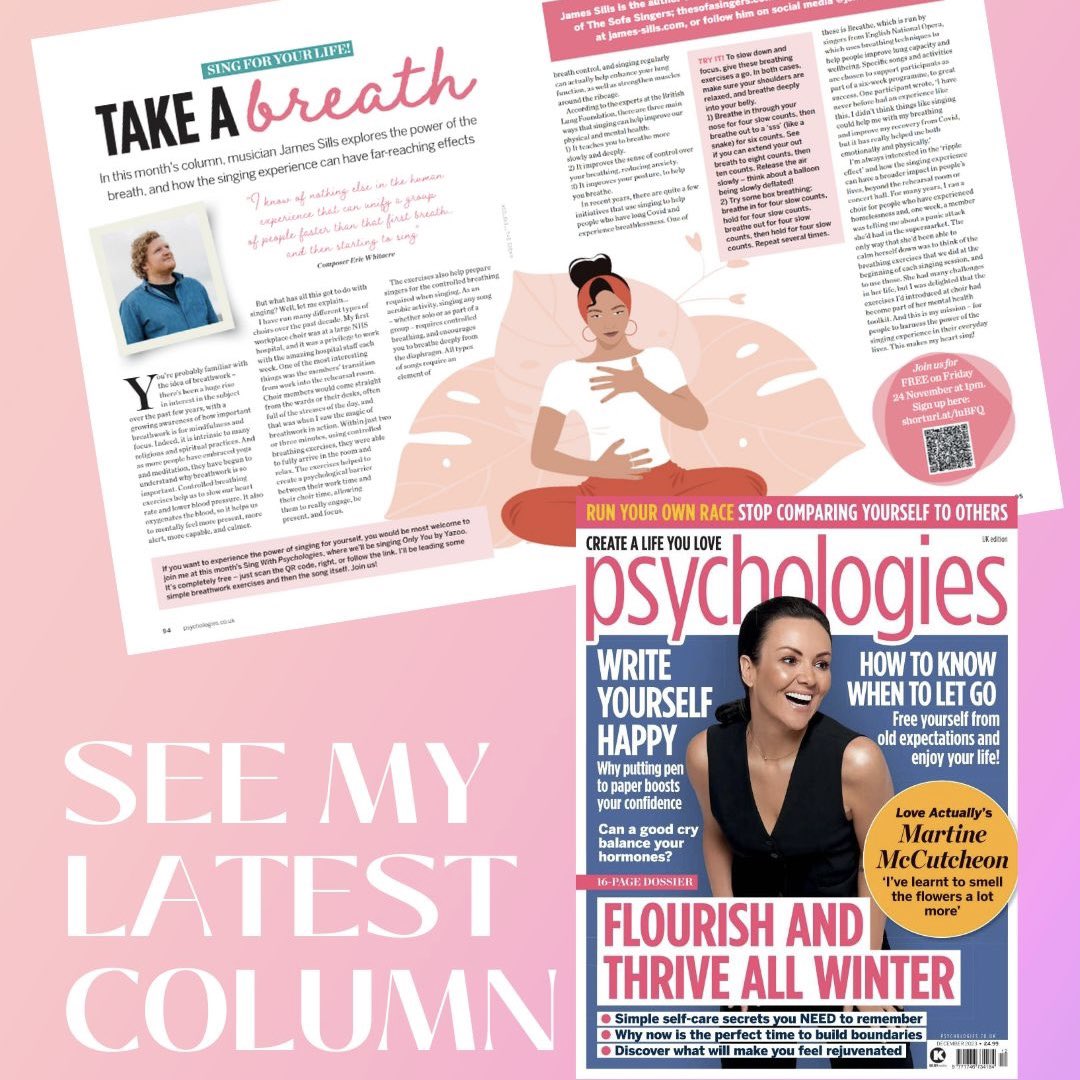 The December edition of @PsychologiesMag is out now ✨ In my column this month, I focus on the power of the breath and how the singing experiencing can have far-reaching effects. There’s also details of my next Sing With Psychologies online session. #welbeing #singing #breath
