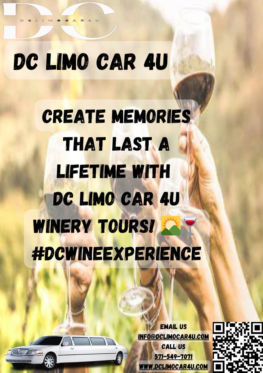 Create Memories That Last a Lifetime with DC Limo Car 4U Winery Tours! 🌄🍷#DCWineExperience
🌅 Embark on a journey of luxury and wine with DC Limo Car 4U Winery Tours.  Your wine adventure awaits! 🚙🥂 #WineAdventure #WineCountryTour #DCWine #dclimocar4u