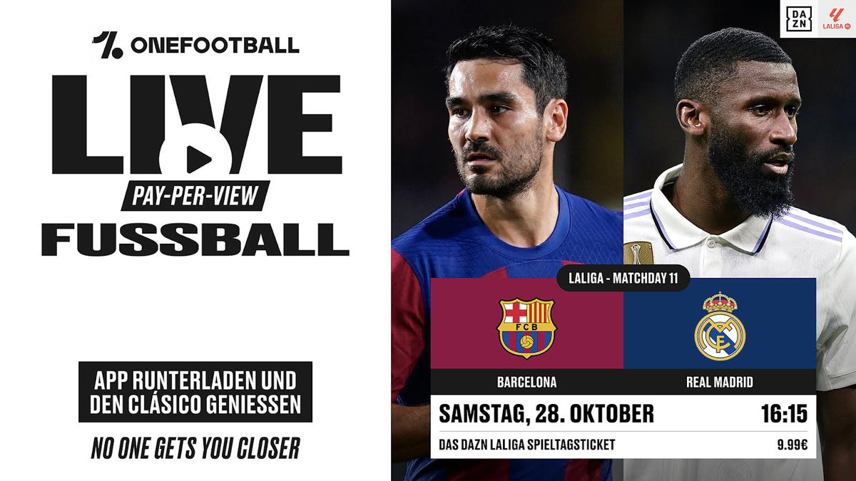 Today 4:15 (CET) is El Clásico Day in Spain: @FCBarcelona vs. @realmadrid Thanks @IlkayGuendogan & @ToniRuediger for showing Fans in🇩🇪& 🇦🇹 how to access this match on our @OneFootball platform with The LALIGA Matchday Pass by DAZN for €9.99. 👉 lnkd.in/e-hfuPWR 👈