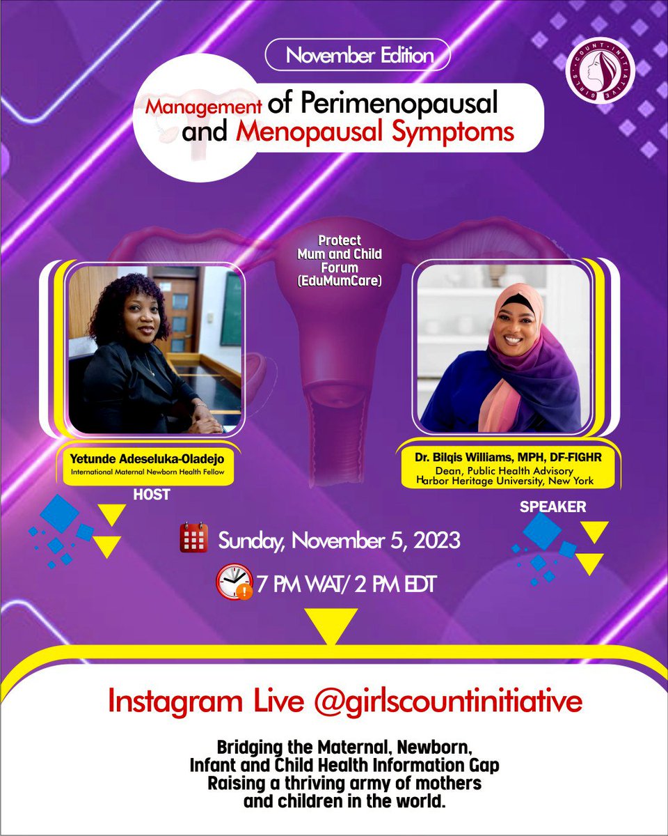 Join my guest Dr. Bilqis Williams MD, MPH, DF- FIGHR on the Protect Mum and Child (EduMumCare) conversation seat this November as we discuss 'Management of Perimenopausal and Menopausal Symptoms'. Did you miss previous informative conversations? youtube.com/@girlscountini…