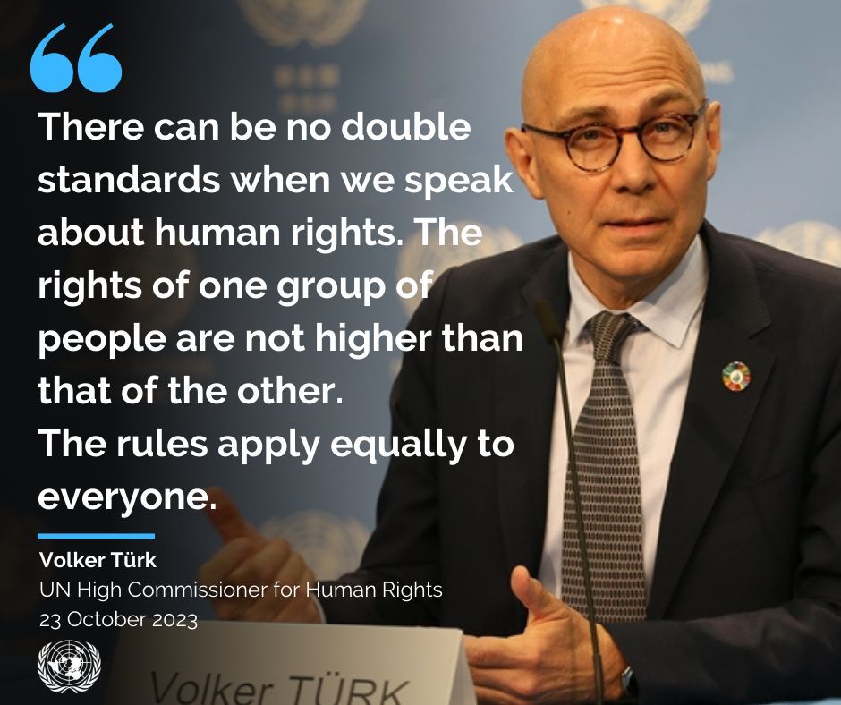 UNGeneva's tweet image. “There can be no double standards when we speak about human rights. The rights of one group of people are not higher than that of the other. The rules apply equally to everyone.”

-@volker_turk, United Nations Human Rights High Commissioner

#HumanRights75 #StandUp4HumanRights