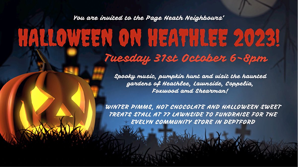 LewishamQTMum's tweet photo. 🎃 Heathlee Road SE3 will be fun for trick or treating again on Tuesday evening!

🍹 Please pop down if you are local for winter Pimms and hot chocolate! 

🧡 We’re raising money for the fantastic Evelyn Community Store in Deptford. @StoreEvelyn 
#Halloween #Blackheath https://t.co/YOWGL4XTSP