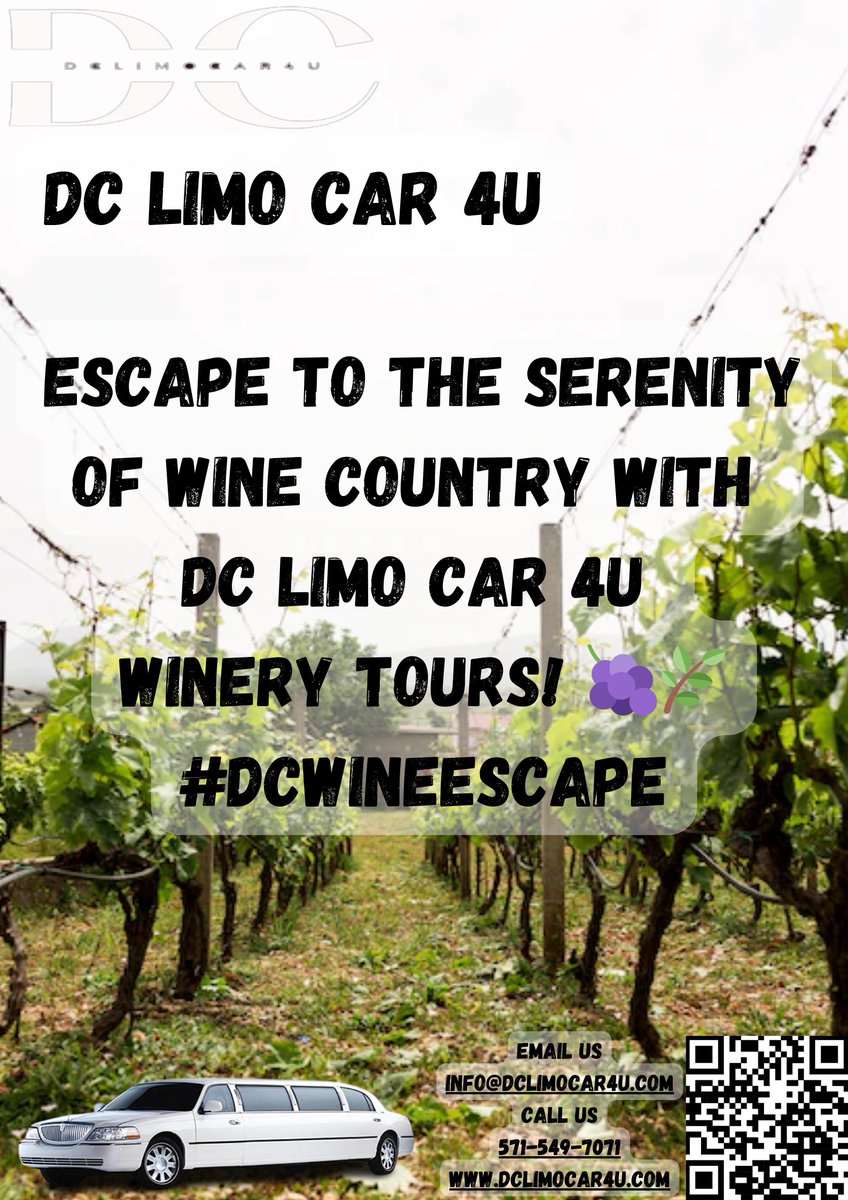 Escape to the Serenity of Wine Country with DC Limo Car 4U Winery Tours! 🍇🌿#DCWineEscape
🍷  DC Limo Car 4U Winery Tours offers a seamless and elegant escape to the finest wineries in the region. 🚗🥂 #WineEscape #DCWineryExperience #WineCountryRetreat #dclimocar4u