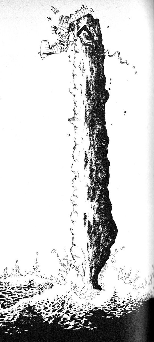 ルパン三世『盗っとゲーム(漫画アクション1968年7月18日号)』のヒトコマ。 丸ペンによる岩肌と波の繊細な描写が芸術的にスバラシくて大好きな絵だ。 タッチはアメリカ漫画調だが、この奇妙な岩の形はモンキー・パンチ先生の故郷の霧多布岬の岩がモデルだろう。