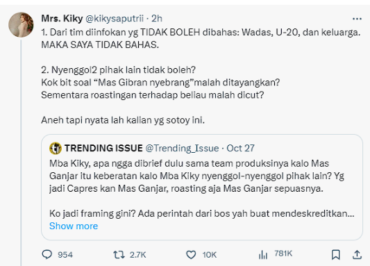 SiaranBolaLive's tweet photo. Owalah gara-gara ini U-20 trending, yang kita gagal sebagai tuan rumah Piala Dunia U-20 itu ya.

Mbak @kikysaputrii  nguerii mental dan keberaniannya.
Berani membangkitkan kenangan pahit dimoment-moment kampanye begini, gak sembarang orang berani. 
Lanjutkan Roastingmu Mbak Kiky https://t.co/4wvYhDvDzh