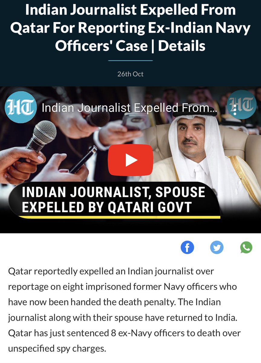 Call_It_Flash's tweet photo. #Qatar is going full throttle against India... 
Now they have expelled an Indian journalist for reporting on the spying case. Meanwhile India allows Muslim brotherhood frontman - Al Jazeera full and unrestricted access. Feckless chickens.

#Qatar 
#8Indians
#Navy https://t.co/HvAzcKbG6r