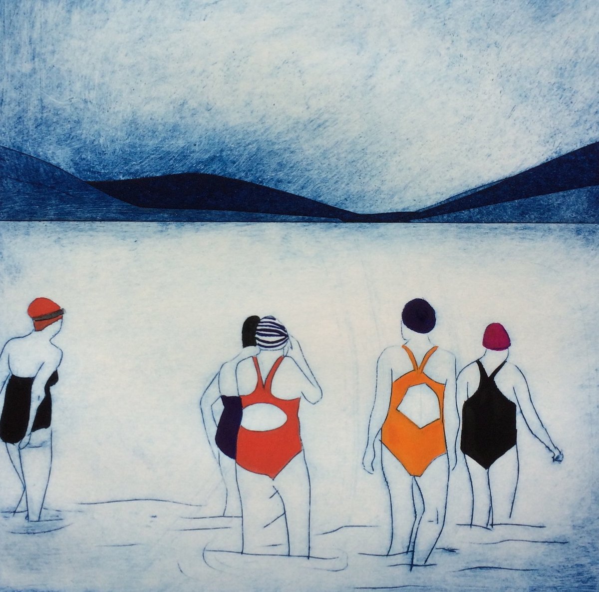 'Swim club' by contemporary printmaker Sarah Morgan #WomensArt