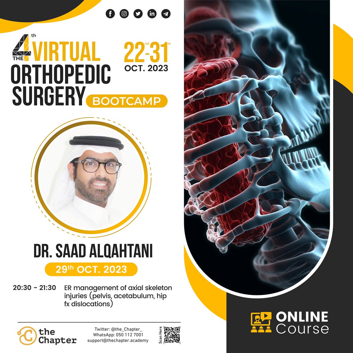 saadalharaqi's tweet photo. Don't miss my session about ER management of axial skeleton injuries at the 4th Virtual Orthopedic Surgery Bootcamp! Join me for a dynamic session on handling critical cases. Let's ensure patients get the best care when it matters most. See you there! #OrthoBootcamp #ERManagement https://t.co/f6NeZpDZlI