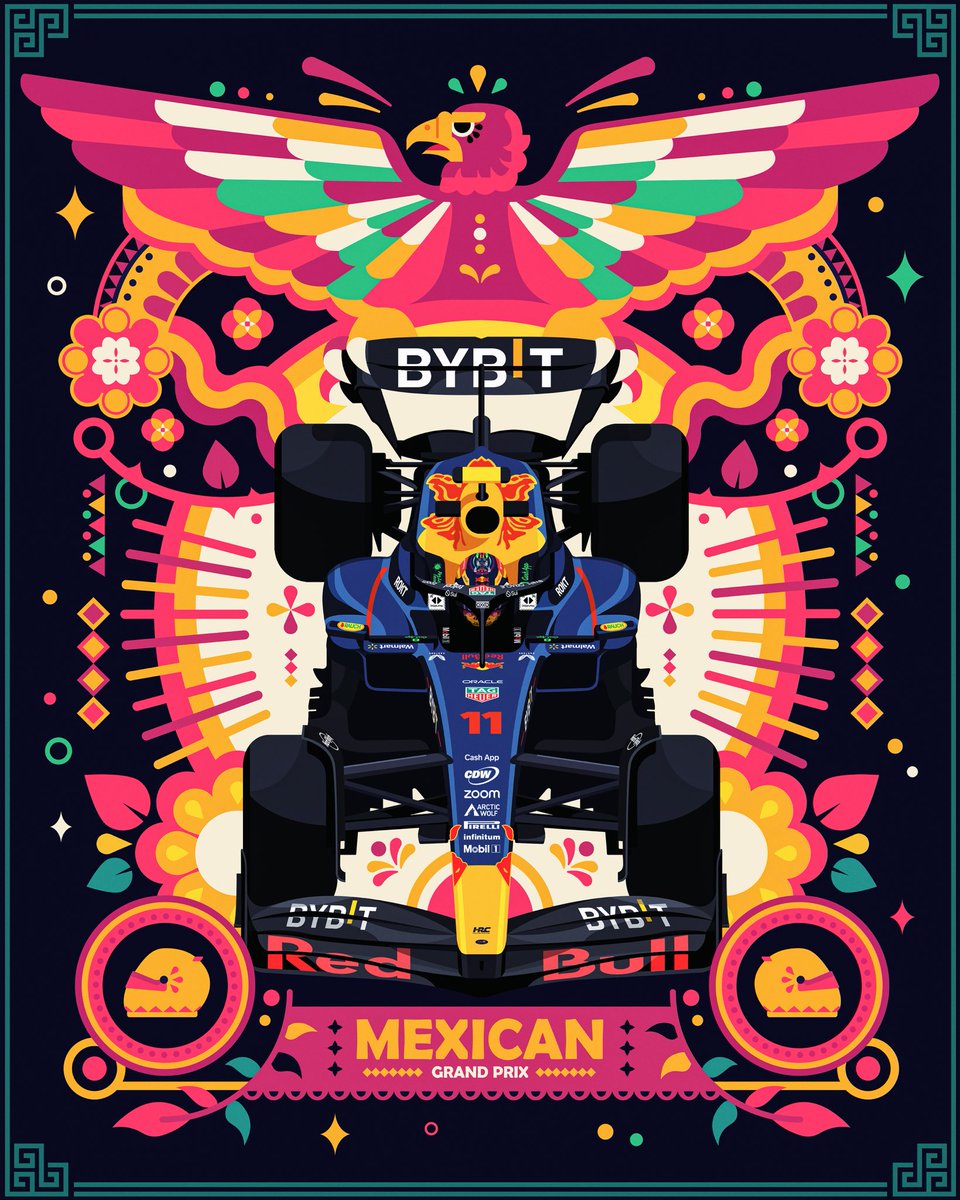 ChuanGraphics's tweet photo. Dabbling into vector art for my latest work with @redbullracing 🎨

Going for a very colourful feel for Checo’s home race, while pulling inspirations from Dias De Los Muertos and Mayan patterns. It’s going to be a special weekend! #MexicanGP 🇲🇽 

#smsports #f1 #illustration https://t.co/4AAW1tKu1K