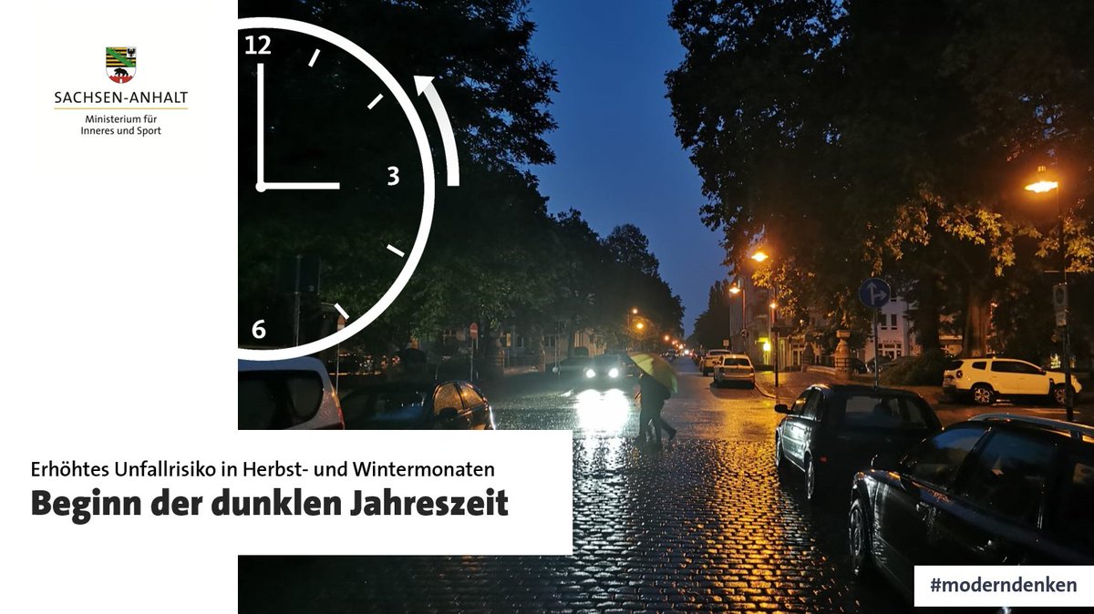 Erinnerung  ‼️
Heute Nacht wird die Uhr eine Stunde zurückgestellt. 🕒 ➡️ 🕑
Kürzere Tage, Nebel und teils glatte Straßen steigern das Gefahrenrisiko im Straßenverkehr. Besondere Vorsicht und angemessene Ausstattung sind gefragt.  🚗🍂🌙
Alle Infos: lsaurl.de/eRYwUv