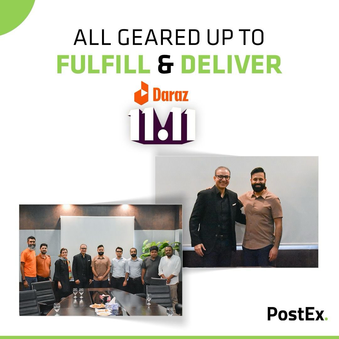 A meeting was recently held at @postexpk /CallCourier HO b/w Mr. Jawad Mirza (CEO PostEx Logistics) & Mr. Ehsan Saya (MD), Mr. Ahmed Tanveer (COO) & Mr. Talha Ahmed Siddiqui (Dir. Logistics) of @darazpk where they talked about the sale of 11.11 & the future ventures.