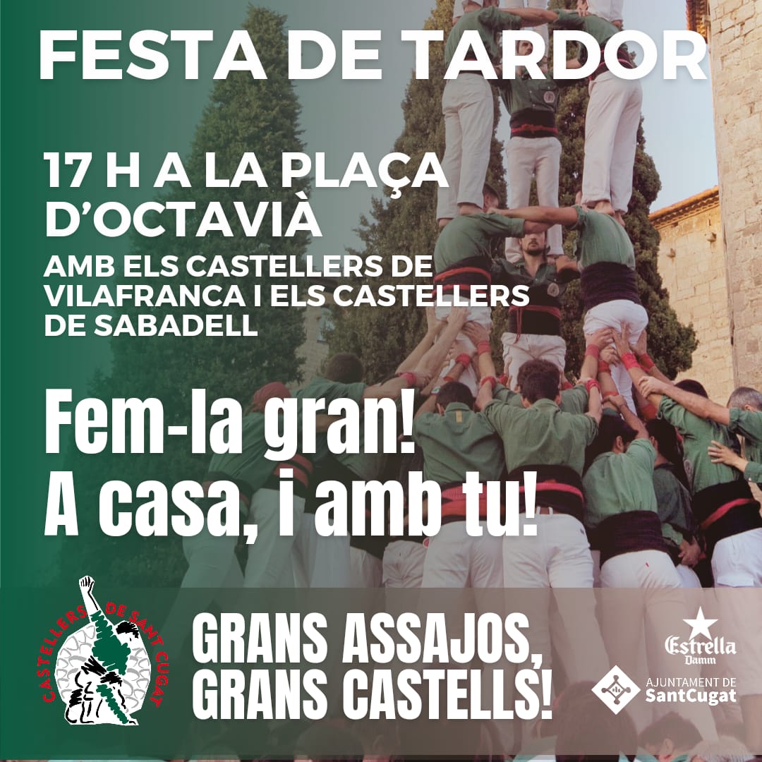 Castellers de Sant Cugat (@gausacs) on Twitter photo Aquesta tarda, en motiu de la <a href="/FestadeTardor/">Festa de Tardor</a> de #SantCugat, omplirem la Plaça d'Octavià de grans castells. Us hi esperem! #GransAsssjosGransCastells #castellers <a href="/saballuts/">Saballuts</a> <a href="/Verds/">Castellers de Vilafranca</a> <a href="/tradicionalsc/">Coordinadora SC</a> Aquesta tarda, en motiu de la <a href="/FestadeTardor/">Festa de Tardor</a> de #SantCugat, omplirem la Plaça d'Octavià de grans castells. Us hi esperem! #GransAsssjosGransCastells #castellers <a href="/saballuts/">Saballuts</a> <a href="/Verds/">Castellers de Vilafranca</a> <a href="/tradicionalsc/">Coordinadora SC</a>