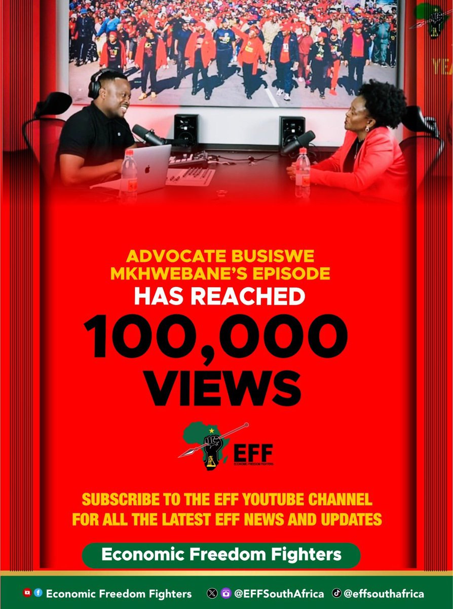 The EFF Podcast episode featuring Fighter <a href="/AdvBMkhwebane/">Adv Busisiwe Mkhwebane</a> has reached more than 100 000 views on the EFF YouTube Channel. 🎉

A Big Thank You To All Our Subscribers. 

Continue to subscribe to the EFF YouTube Channel for all the insightful conversations shaping your perspective: